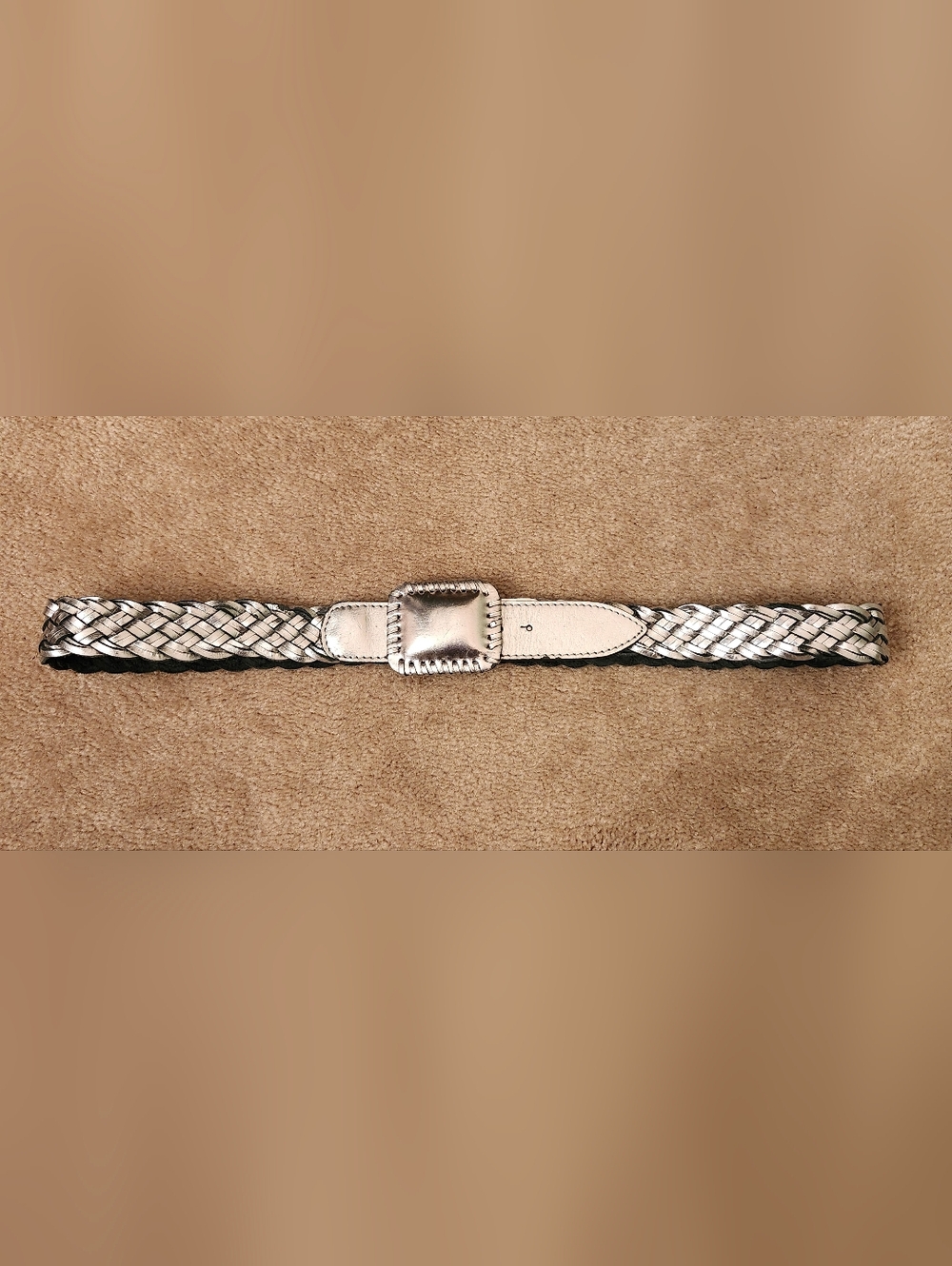 Silver Tone Braided Leather Belt with Decorative Buckle